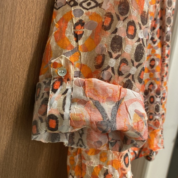 Ruby Rd. Orange Abstract Button Down Top Size 14 Mesh Detail Smocked Back Waist - Picture 8 of 16